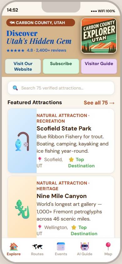 Carbon County Explorer App — Attractions Screen